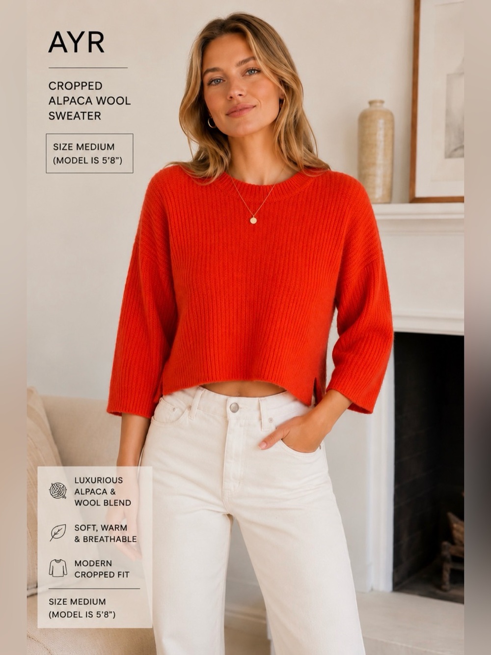 AYR Bright Orange Ribbed Scoop Crewneck Sweater cropped size M alpaca wool blend